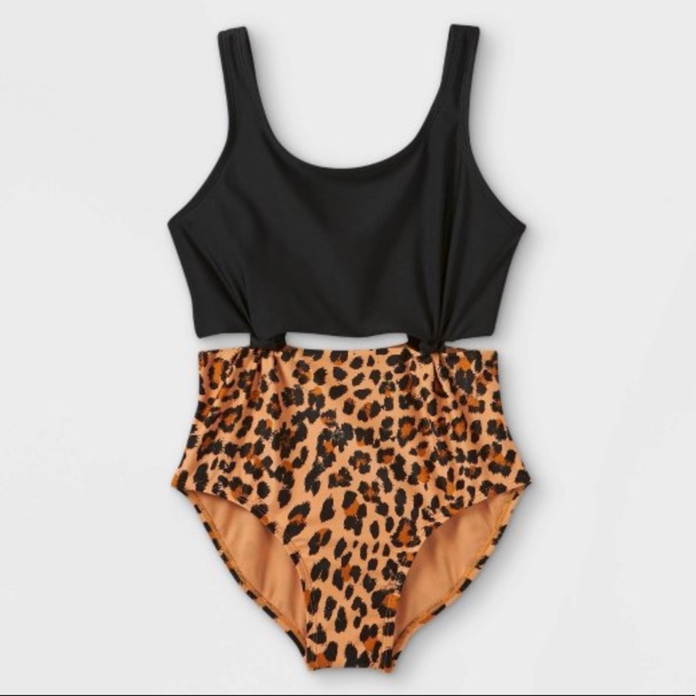 Girls’ Leopard print knotted one piece swimsuit NWT
